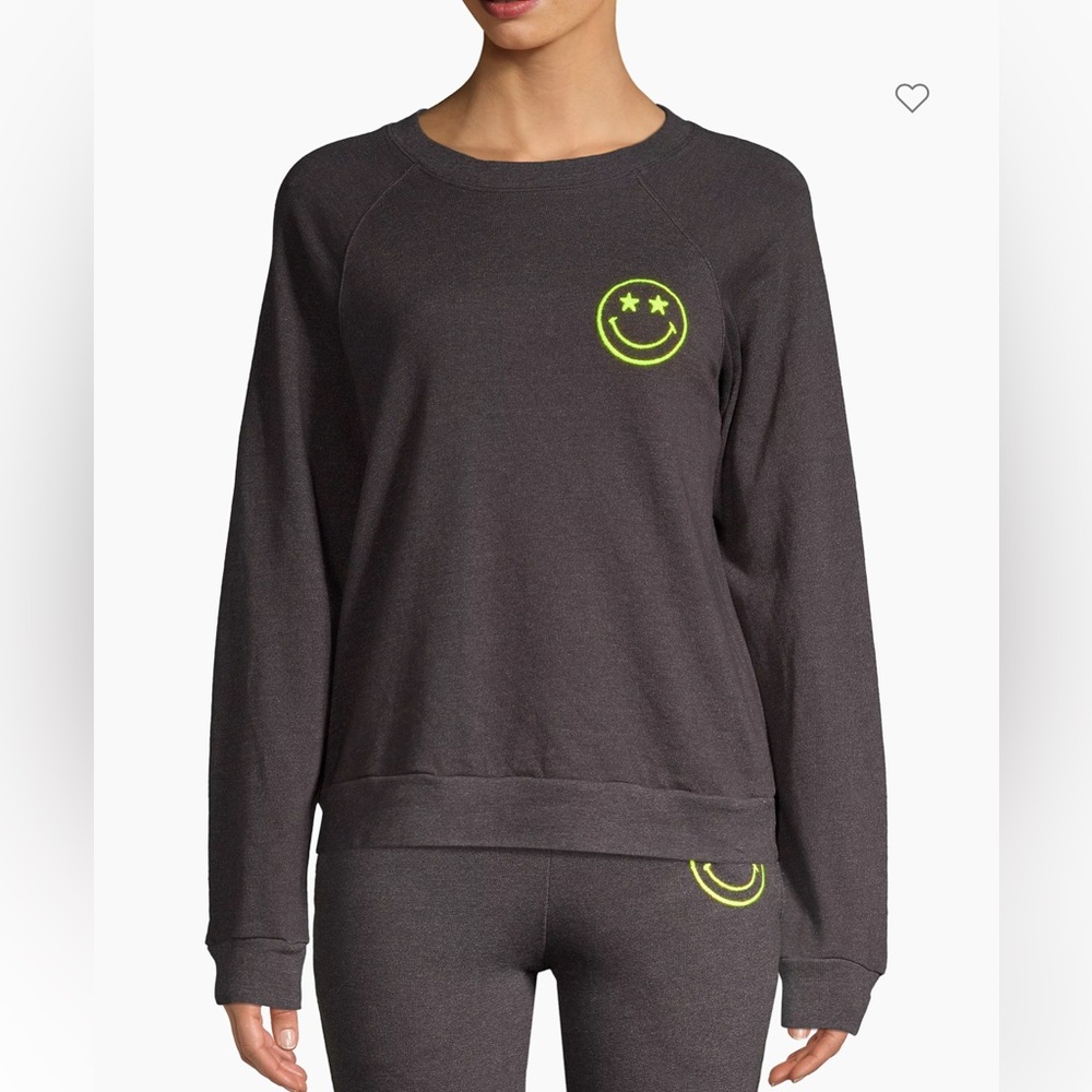 Monrow Smiley Graphic Raglan-Sleeve Sweatshirt small